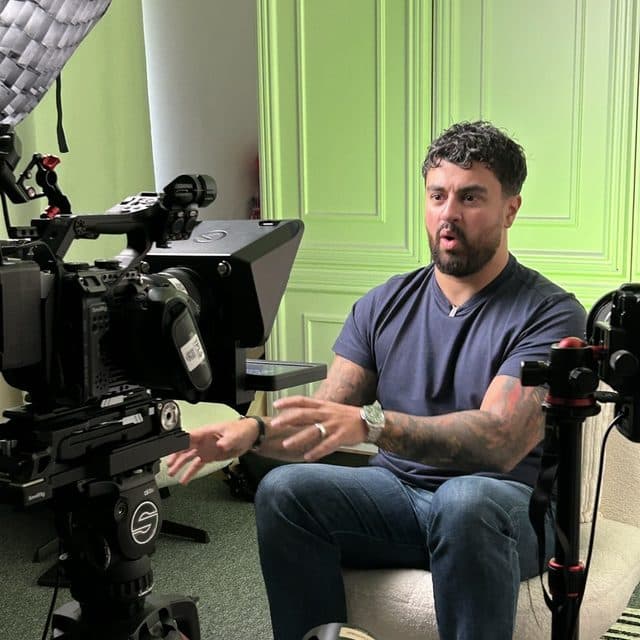 Filming an interview in the studio